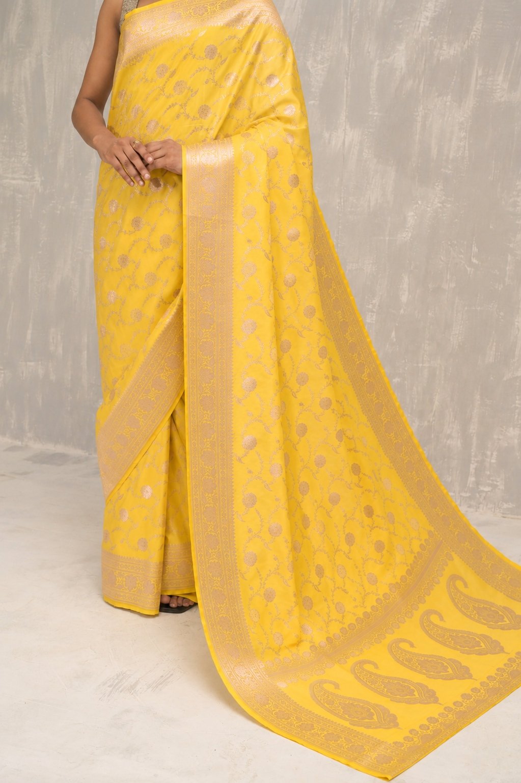 Yellow floral Jangla Silver Zari Handwoven Katan Silk Banarasi Saree